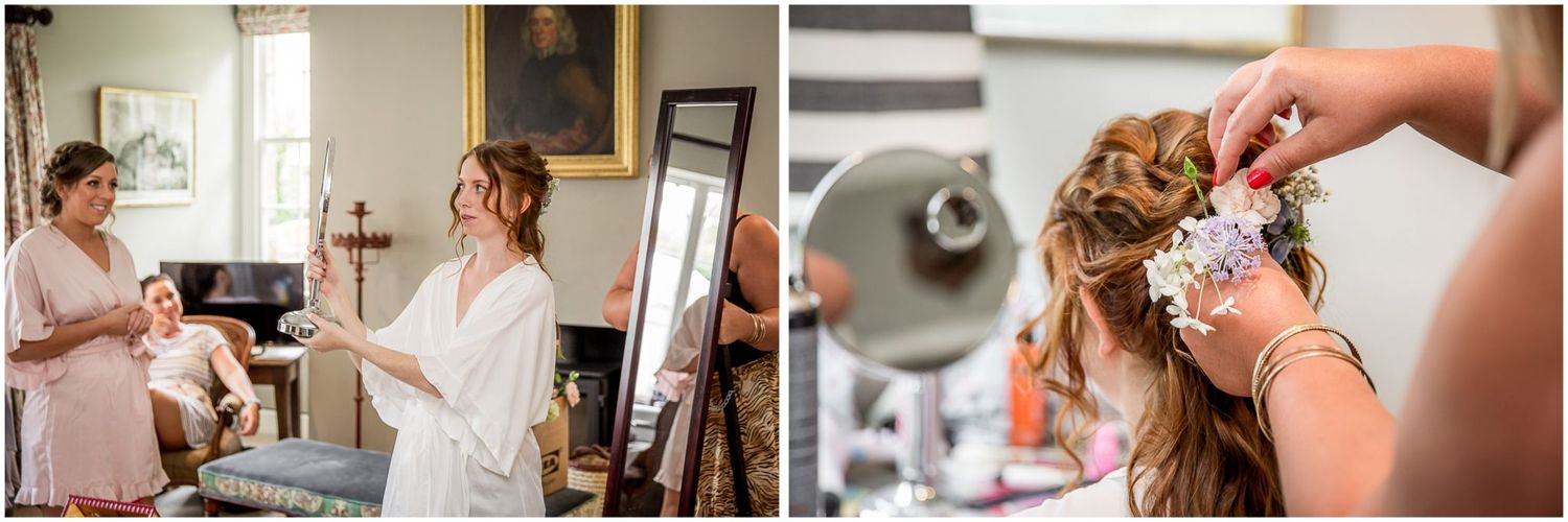 A collection of wedding preparation moments showing makeup application, hair styling and getting ready details in soft natural light.