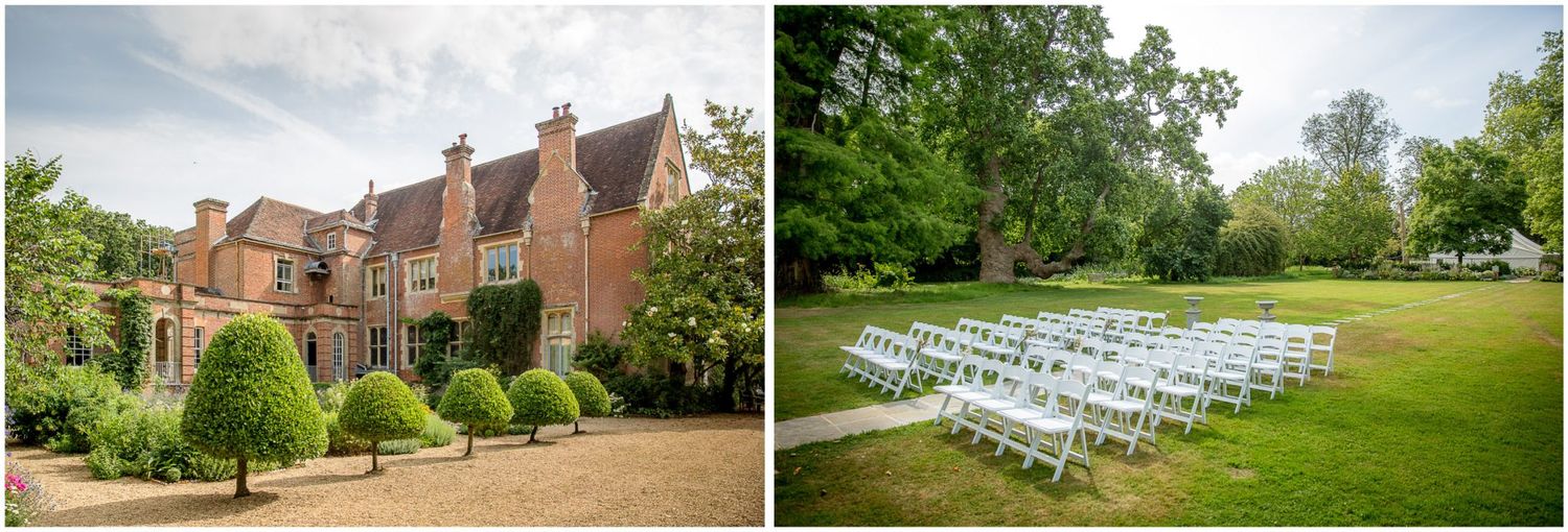 A scenic outdoor wedding ceremony setup with white chairs arranged on a lush green lawn near a historic brick building.