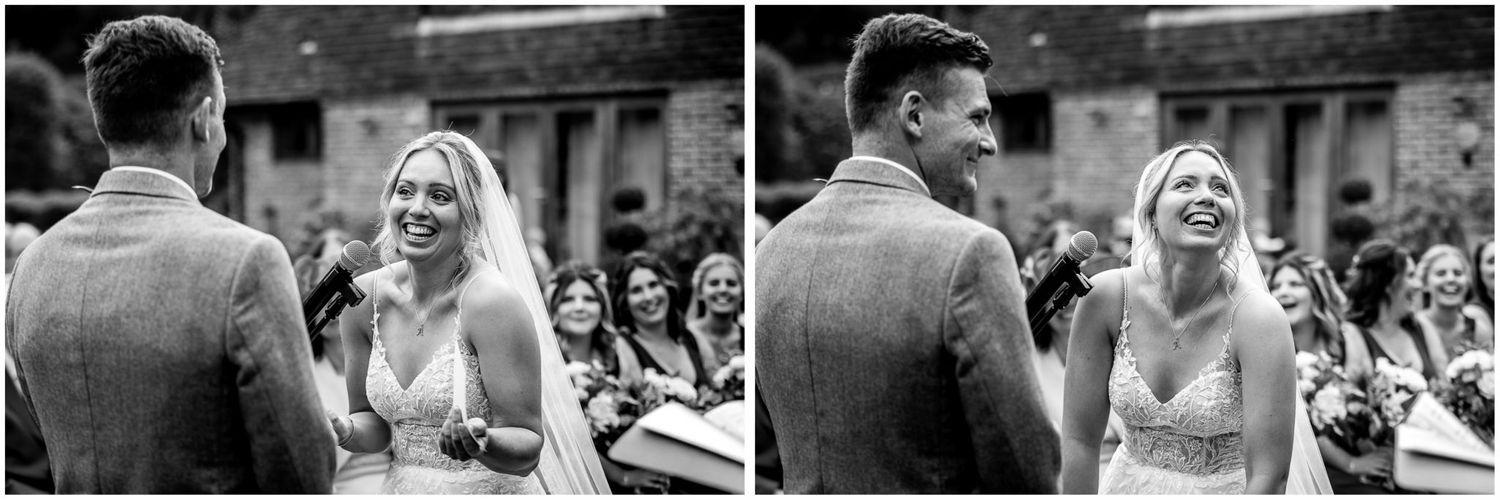 Black and white photo sequence of joyful moments during an outdoor wedding ceremony.