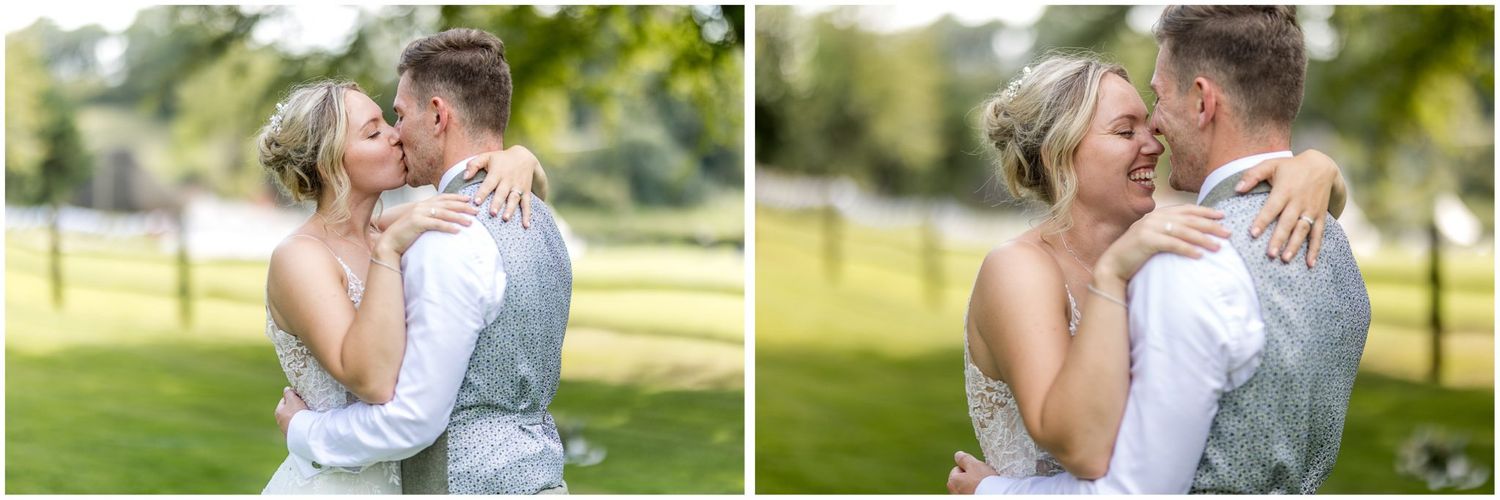 Wedding couple shares tender moments in a sun-drenched garden setting.