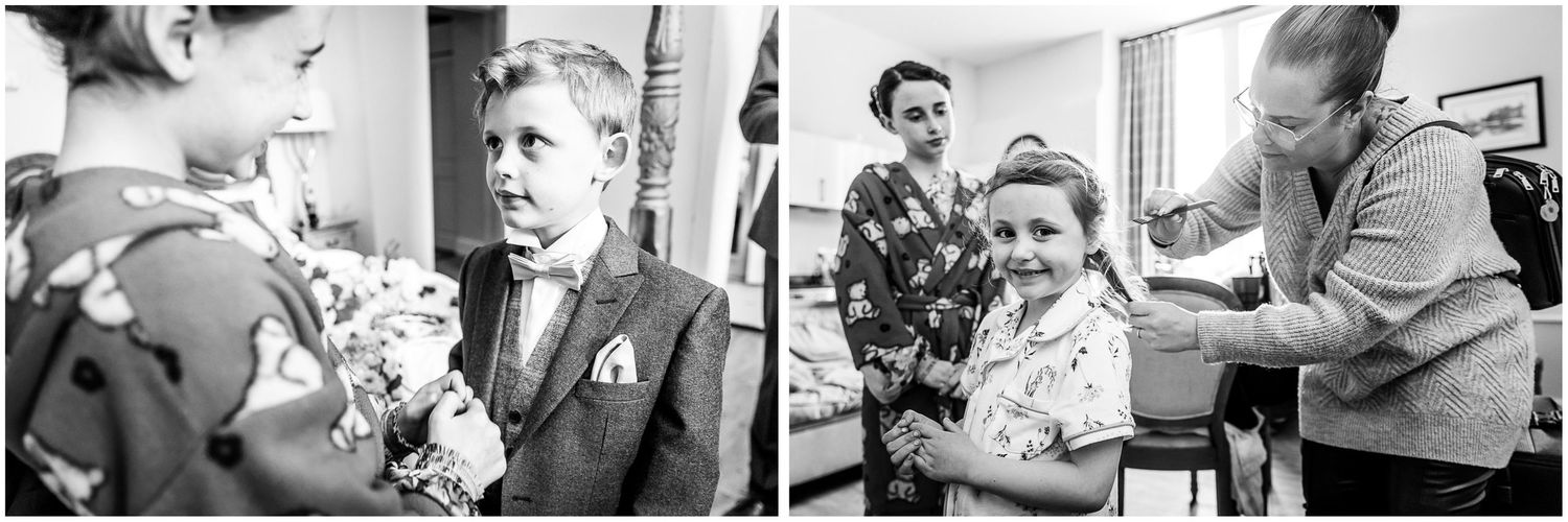 Documentary style black and white photos capturing wedding day emotions and preparations.