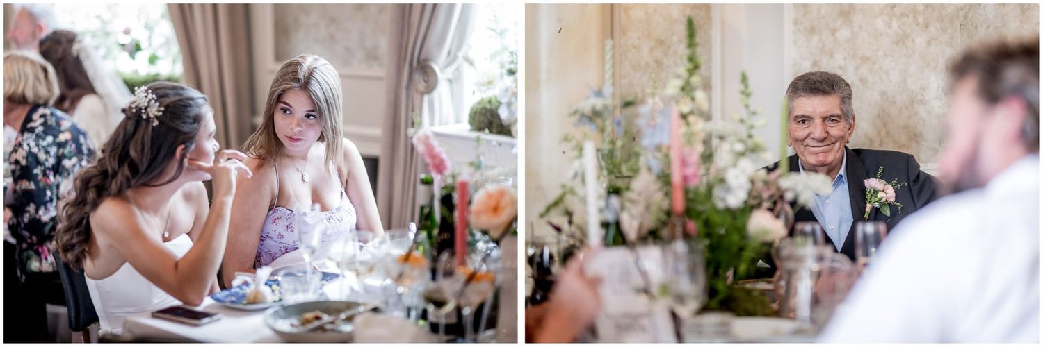 Candid moments of wedding guests enjoying conversation during outdoor reception.