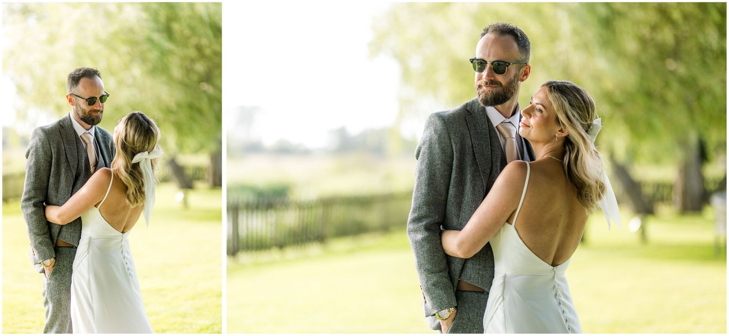 Series of candid wedding moments captured in soft natural lighting outdoors.