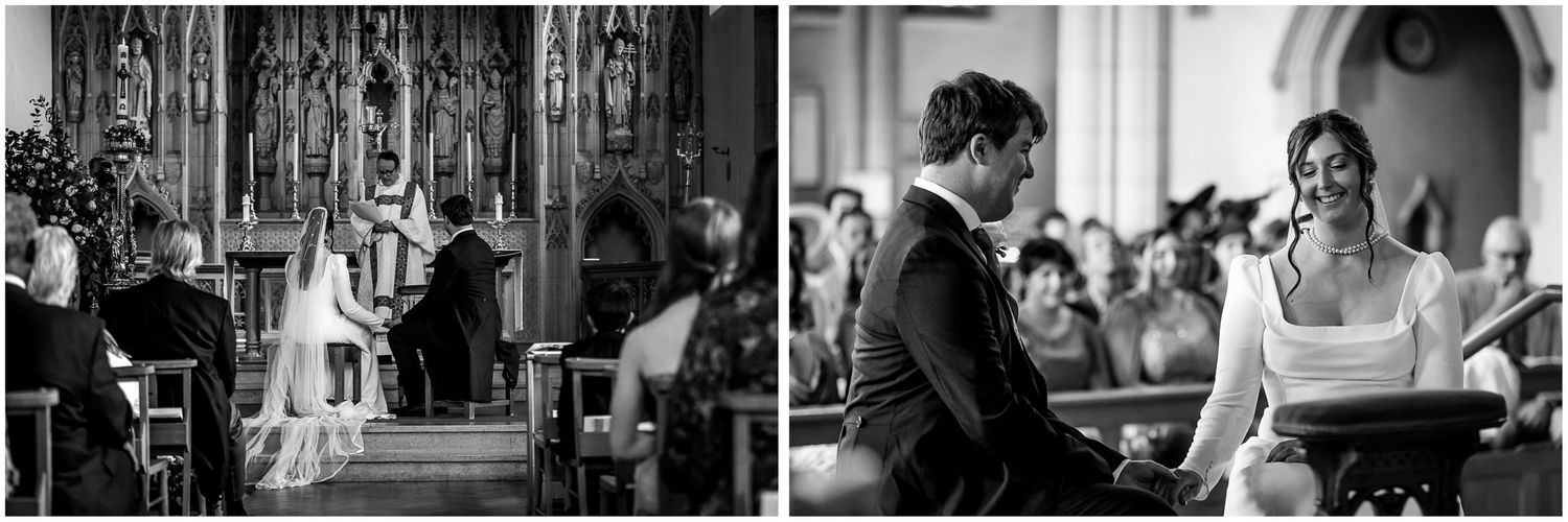A traditional church wedding ceremony taking place in a grand cathedral with ornate architecture and decor.