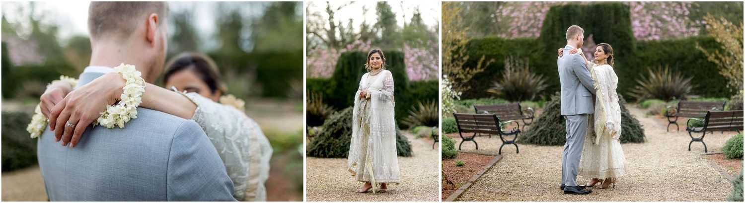 Intimate wedding moments captured in a romantic garden setting with soft natural lighting.