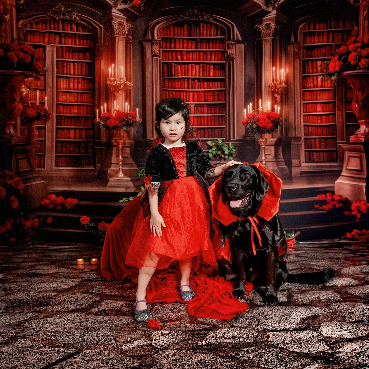 Gothic library scene with red dress and black dog against bookshelves.