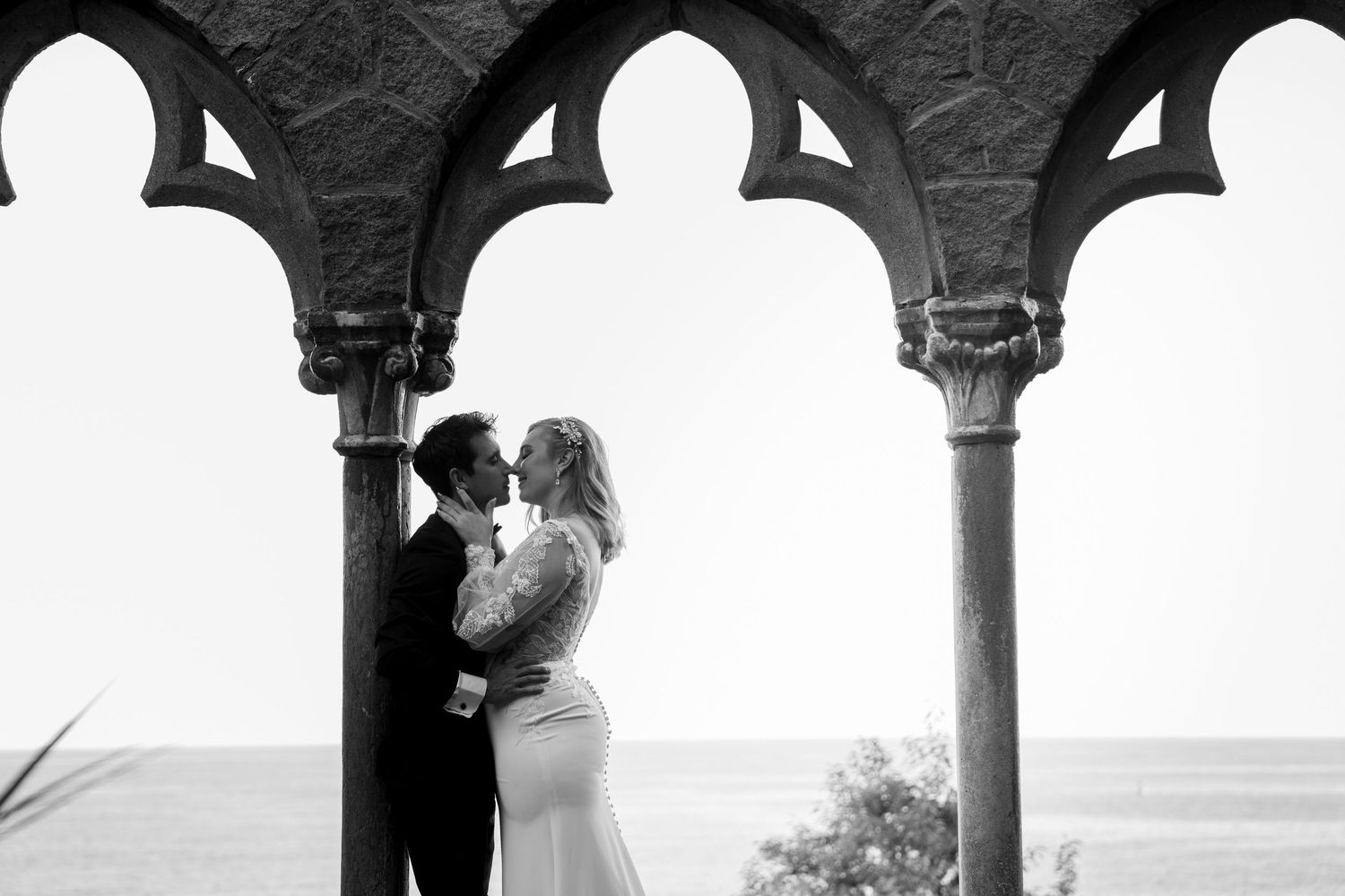 A black and white wedding photo montage shows couples during their ceremony and celebration moments at a venue.