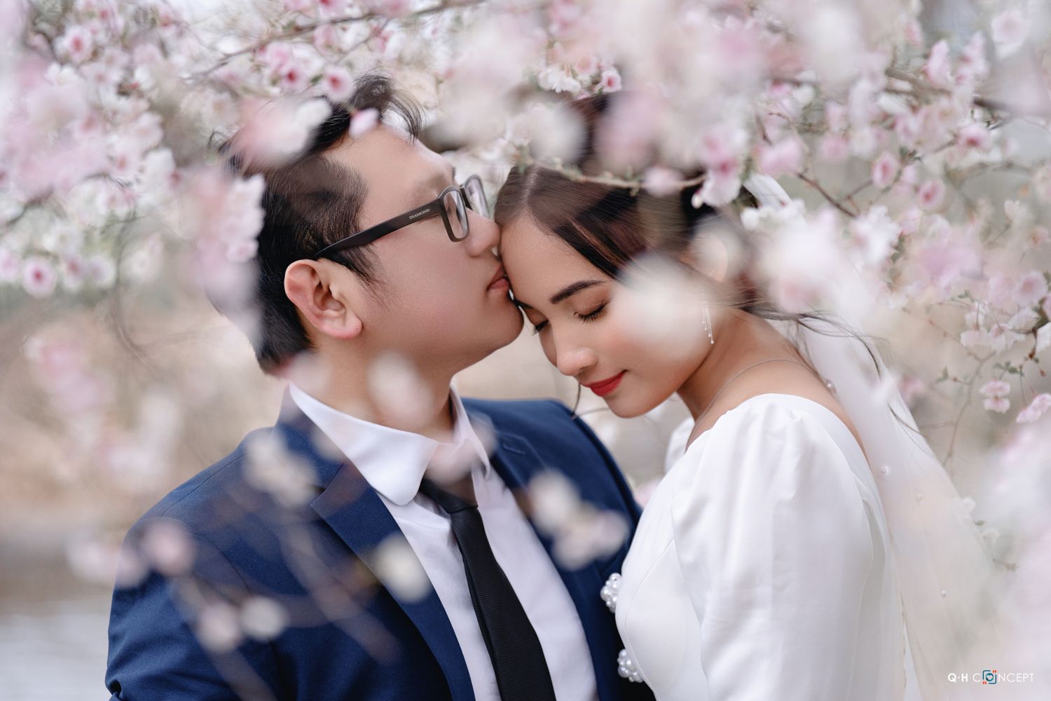 A romantic moment captured under delicate cherry blossoms in spring.