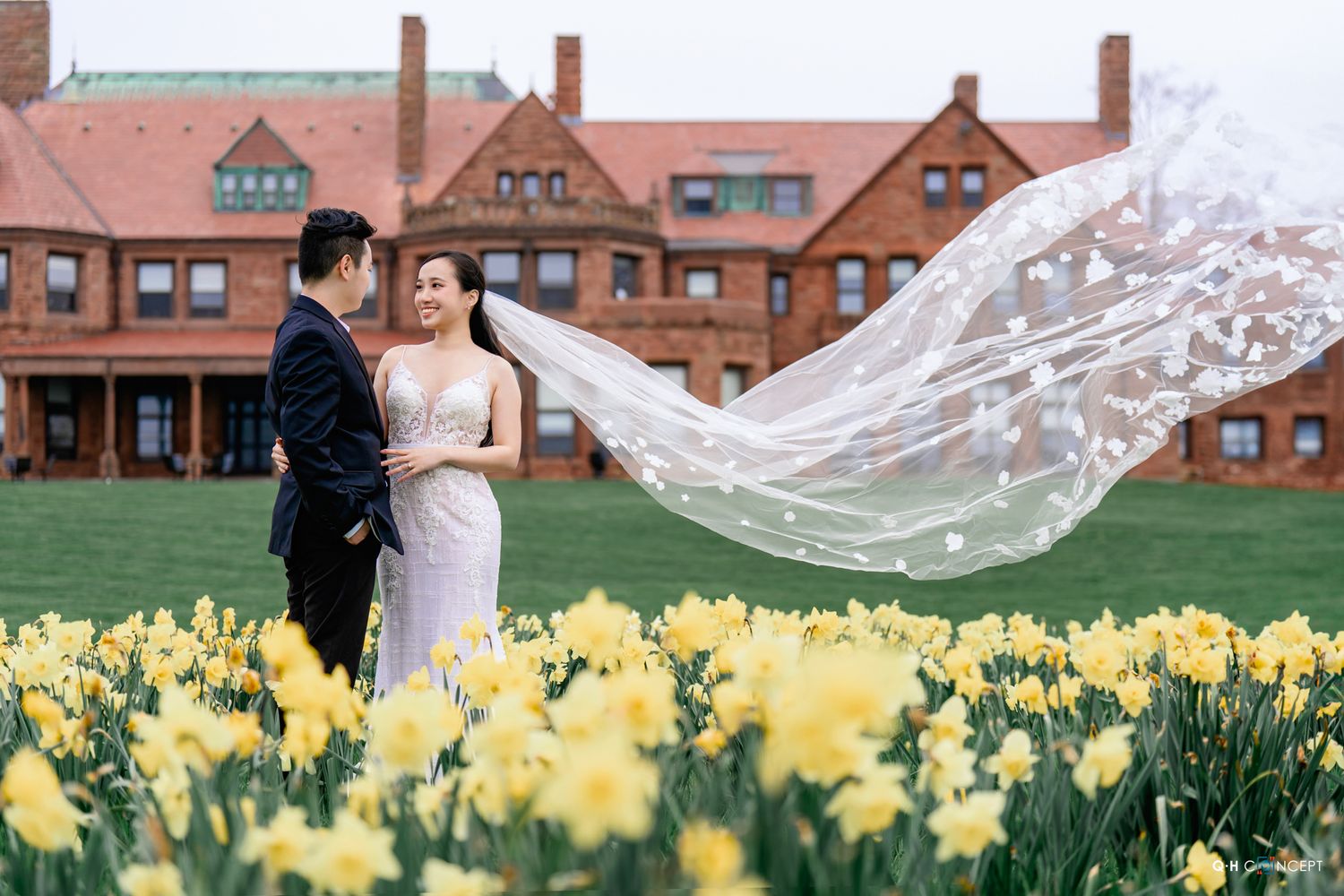 A flowing white wedding veil catches the breeze in front of a historic brick building with yellow daffodils blooming.