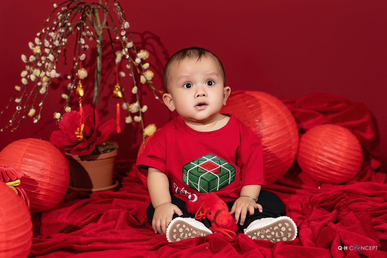 Baby in festive holiday attire sits among red lanterns and Christmas decorations during a photo session.