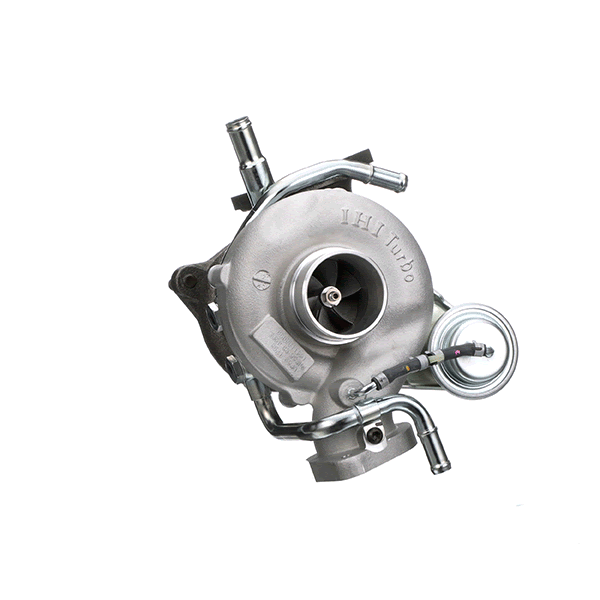 Four different views of a silver automotive turbocharger showing the turbine housing and compressor wheel components.