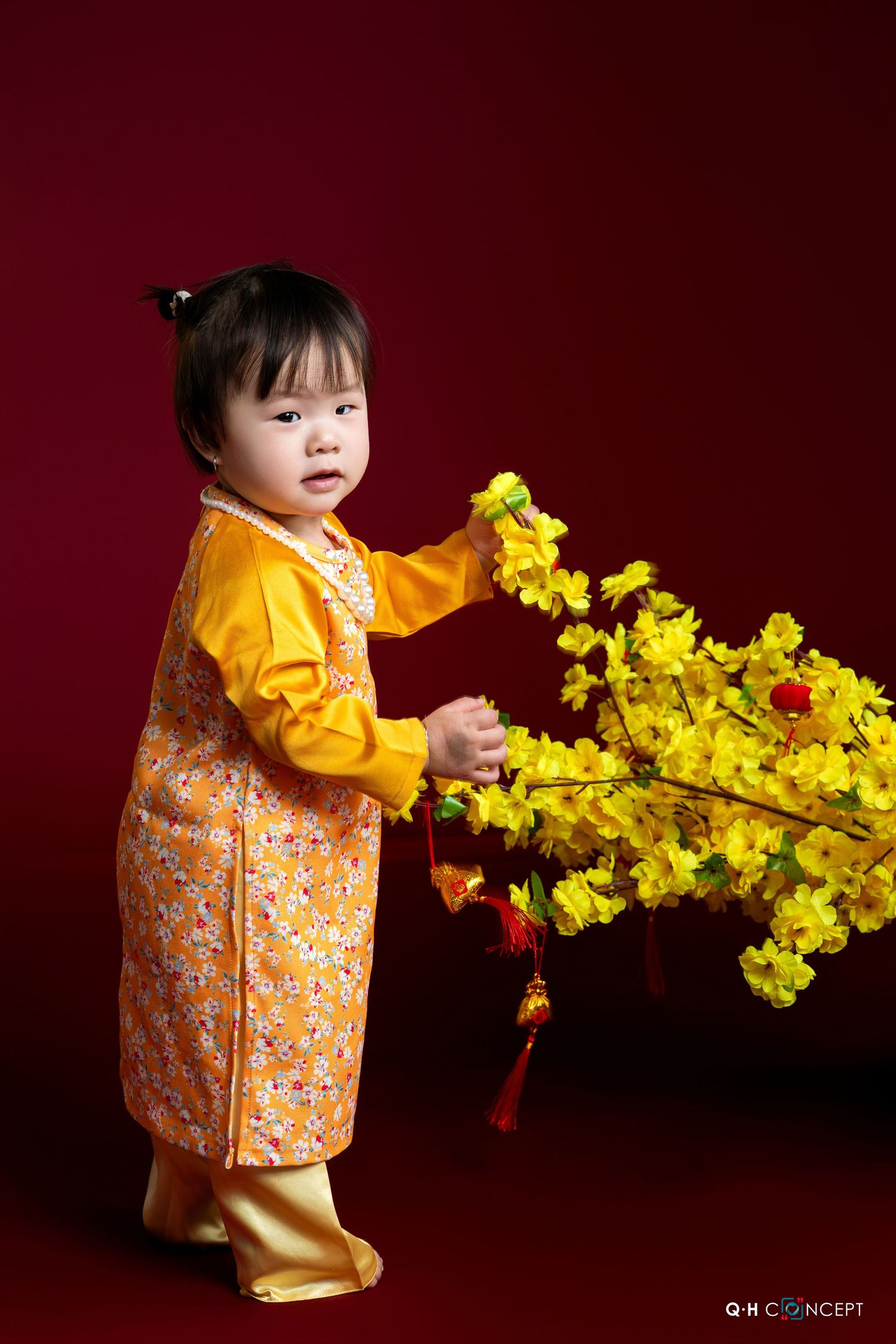 A child in an orange floral kimono arranges yellow cherry blossom branches against a dark red background.
