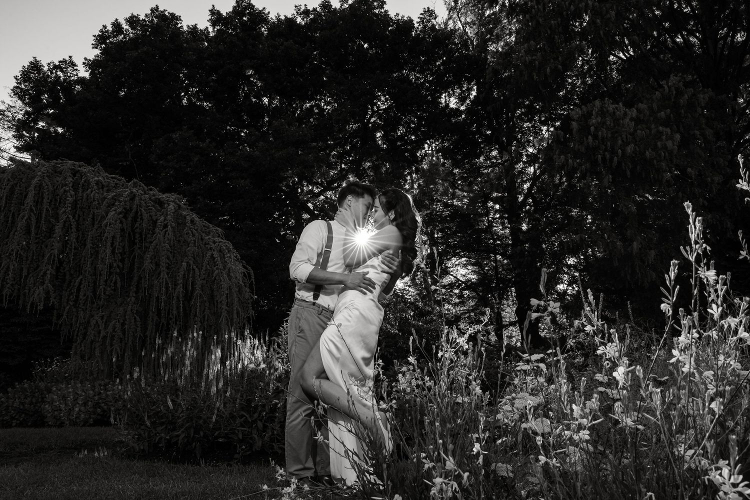 Black and white portrait of couple embracing in a garden with willow trees.