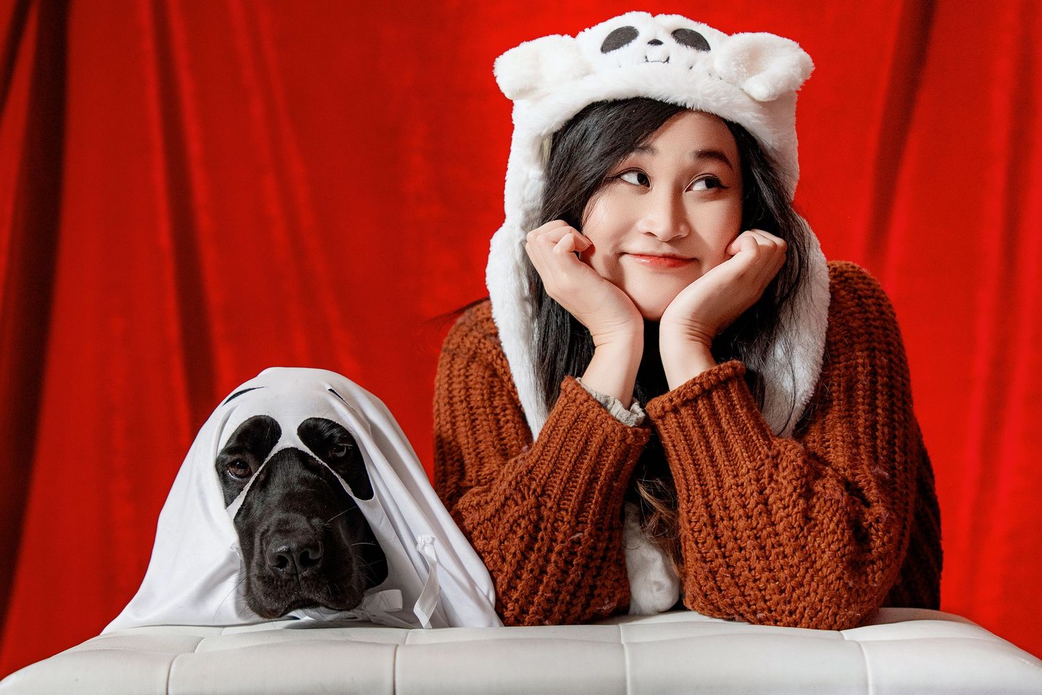 Cozy portrait with panda hat and ghost-dressed dog against red backdrop.