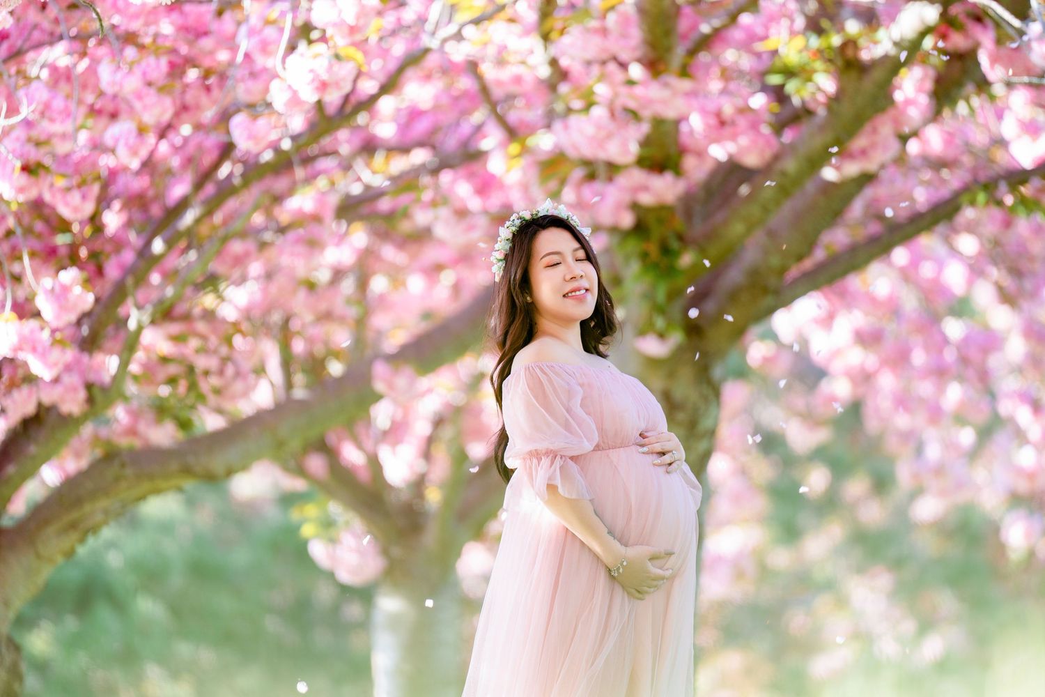 A woman in a white dress stands beneath blooming pink cherry blossom trees during springtime.