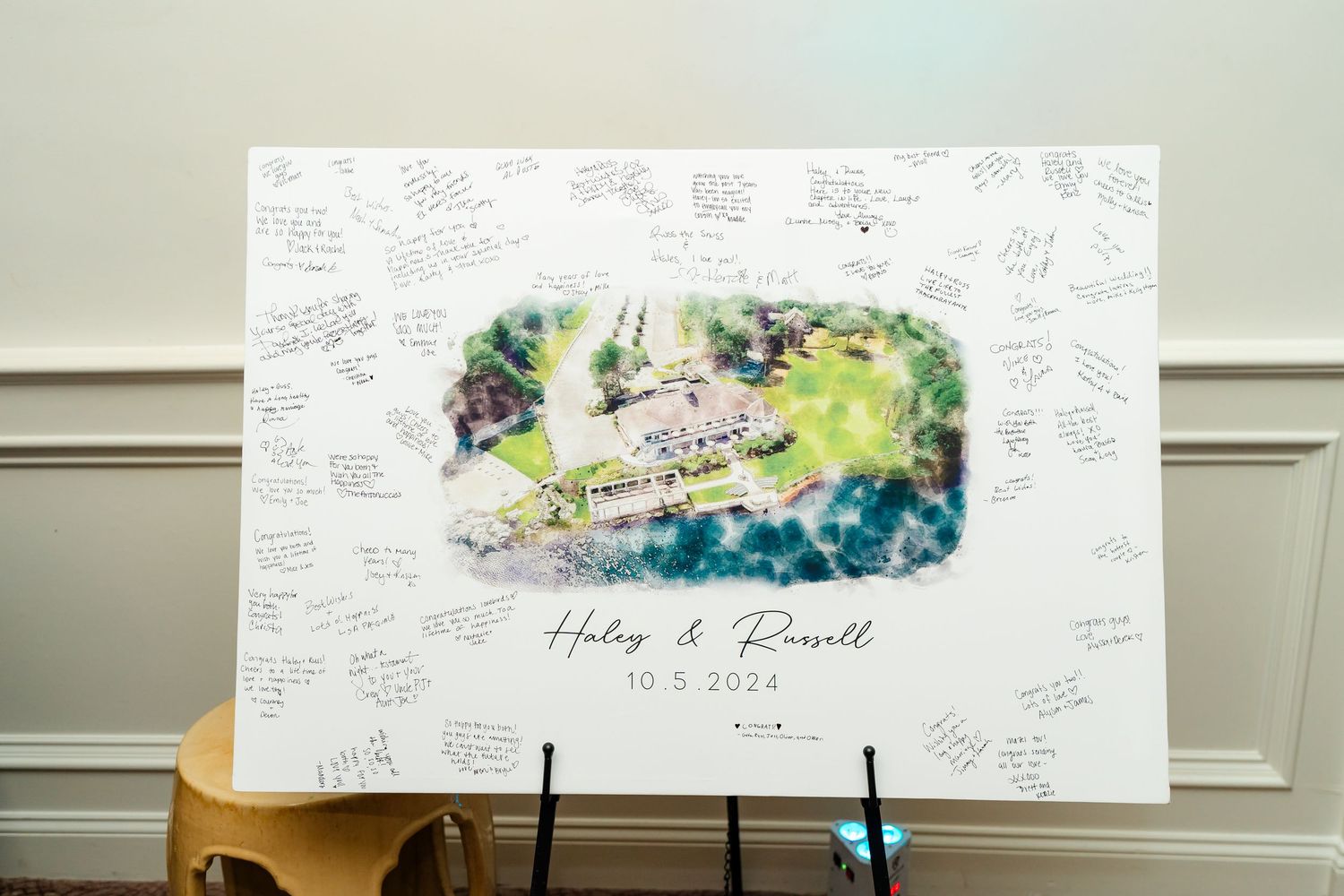 Wedding guest book featuring watercolor illustrations and handwritten messages from attendees.
