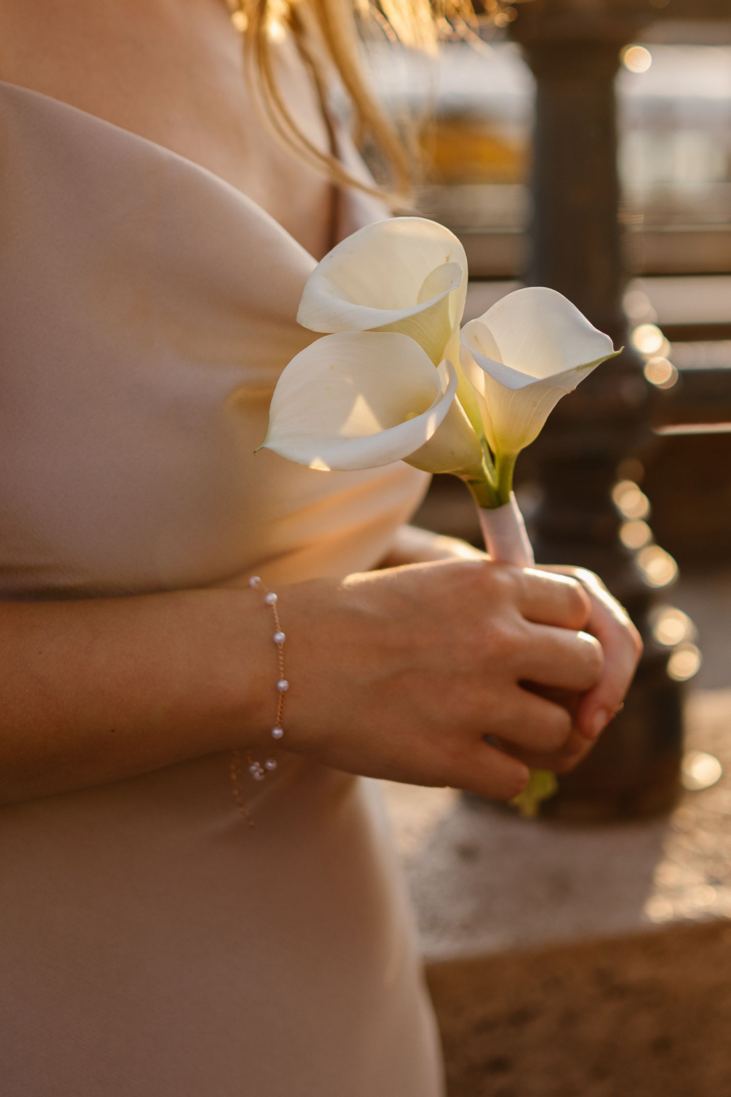Close-up of hands holding delicate white flowers with twinkling lights in background.