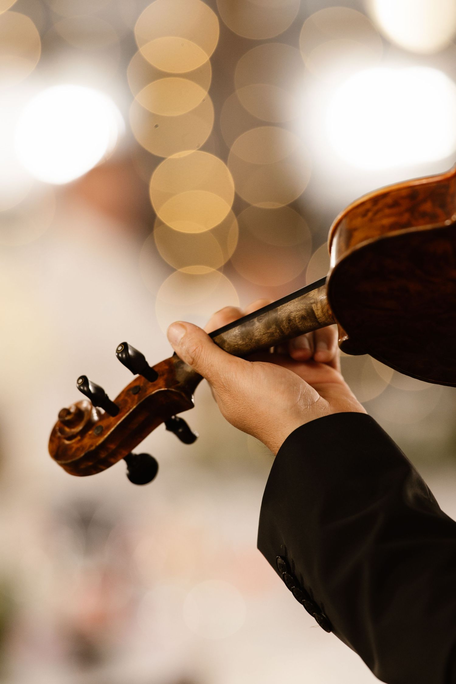 Close-up of a violin scroll being held against a blurred bokeh background.