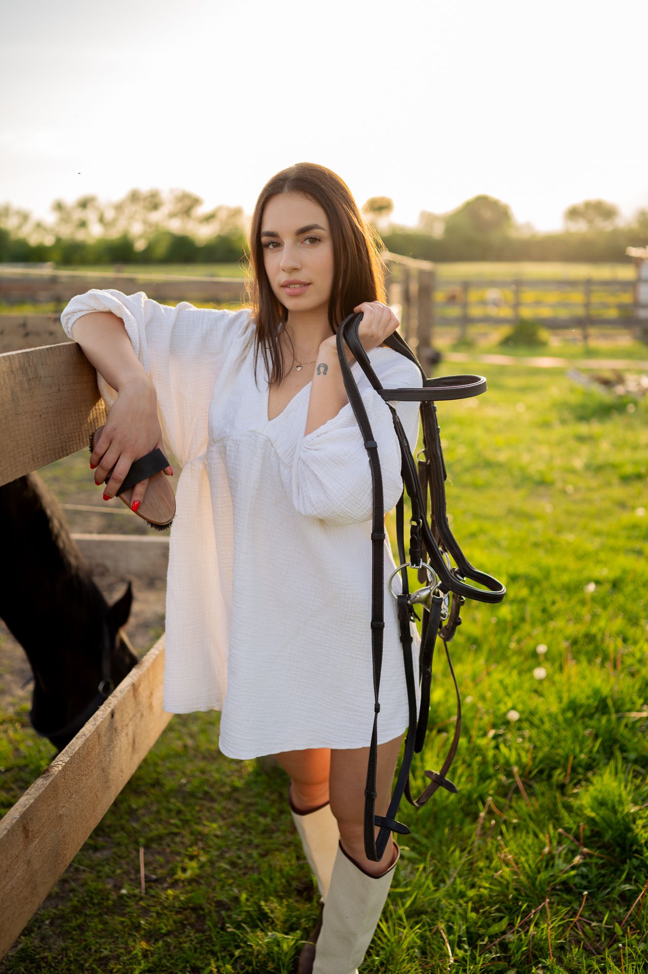 White-dressed figure with horse equipment stands in grassy field near wooden fence at golden hour.