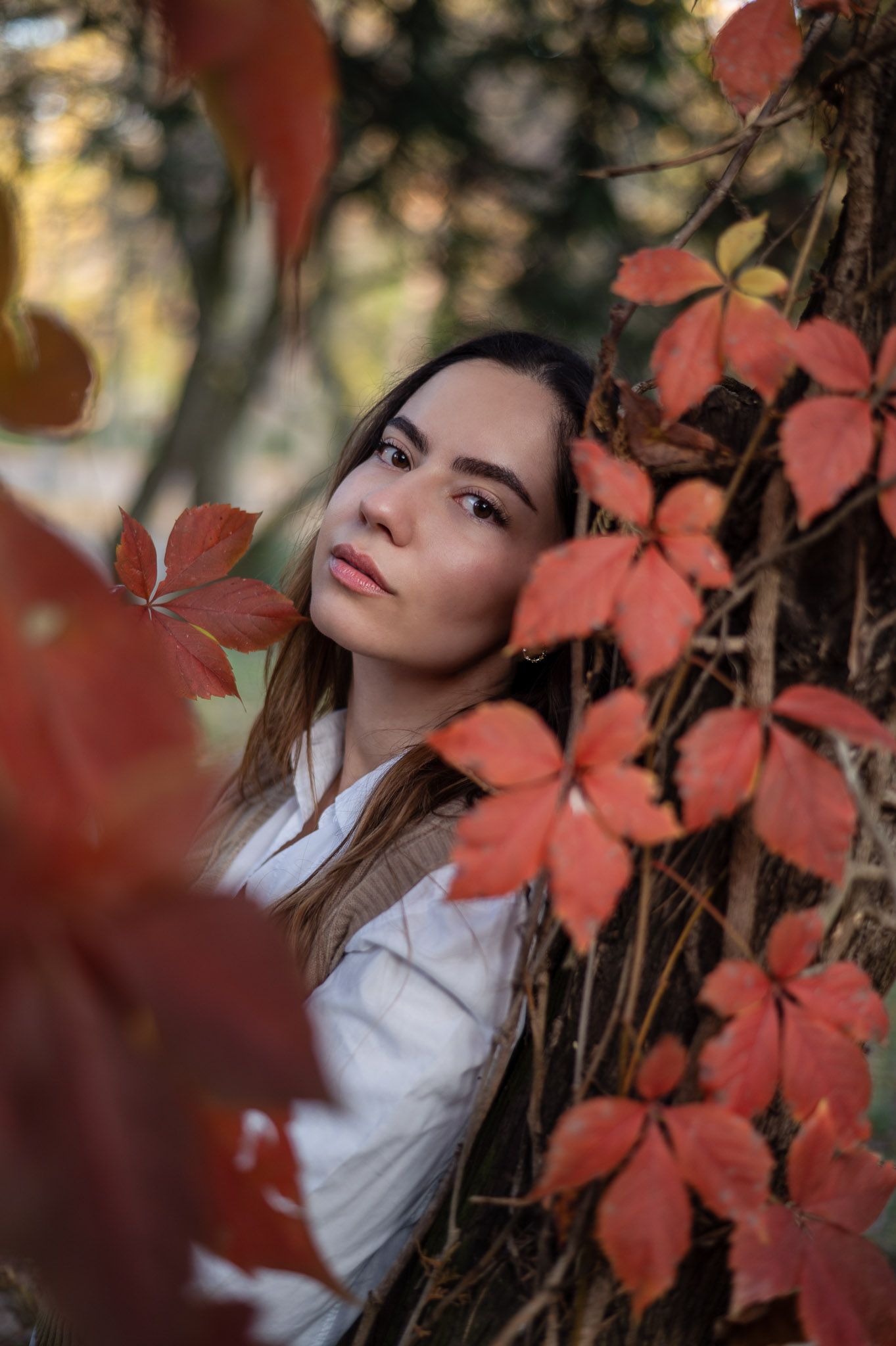 Artistic portrait framed by vibrant red autumn leaves.