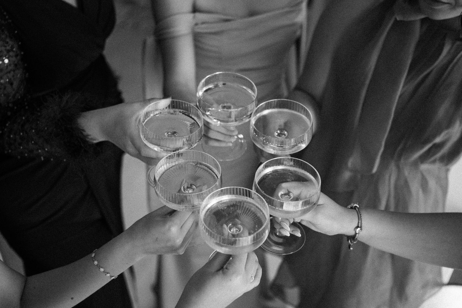 Wedding guests raise champagne glasses in a celebratory toast during the reception.