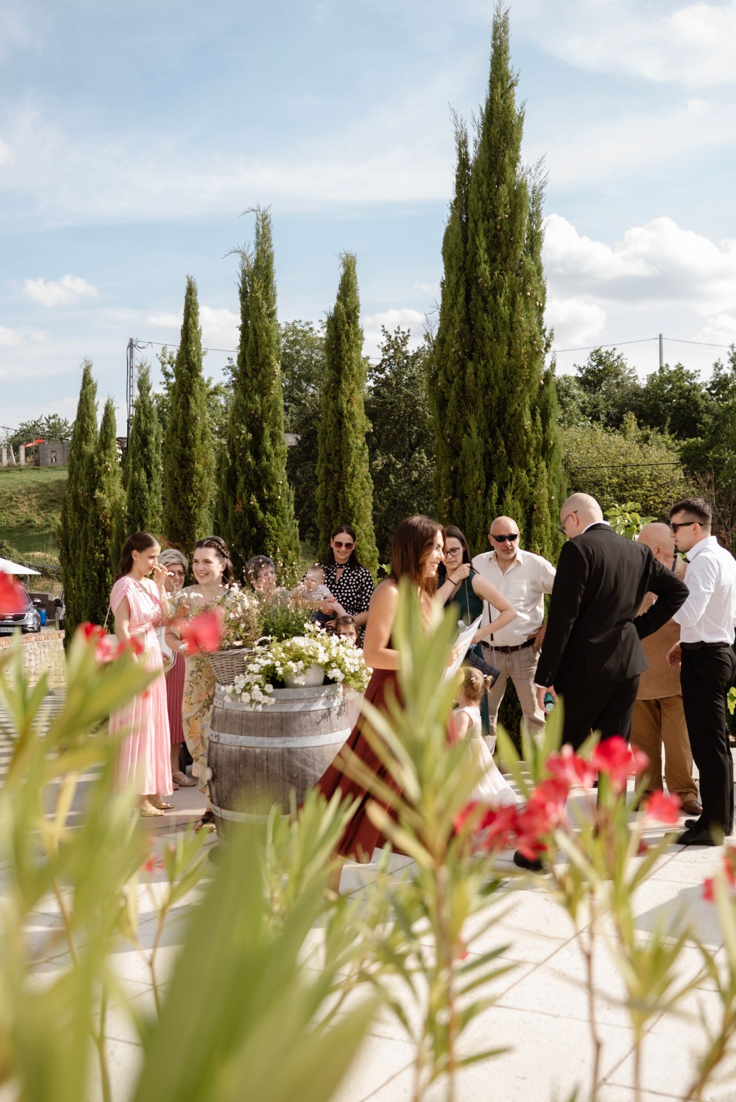 Guests mingle outdoors at a wedding venue with cypress trees, barrel floral arrangements, and red flowers in the foreground.