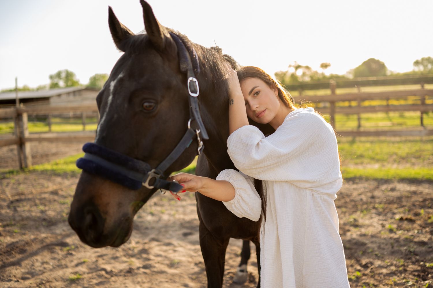 Person in white dress poses with a dark horse in a rustic farm setting at sunset.