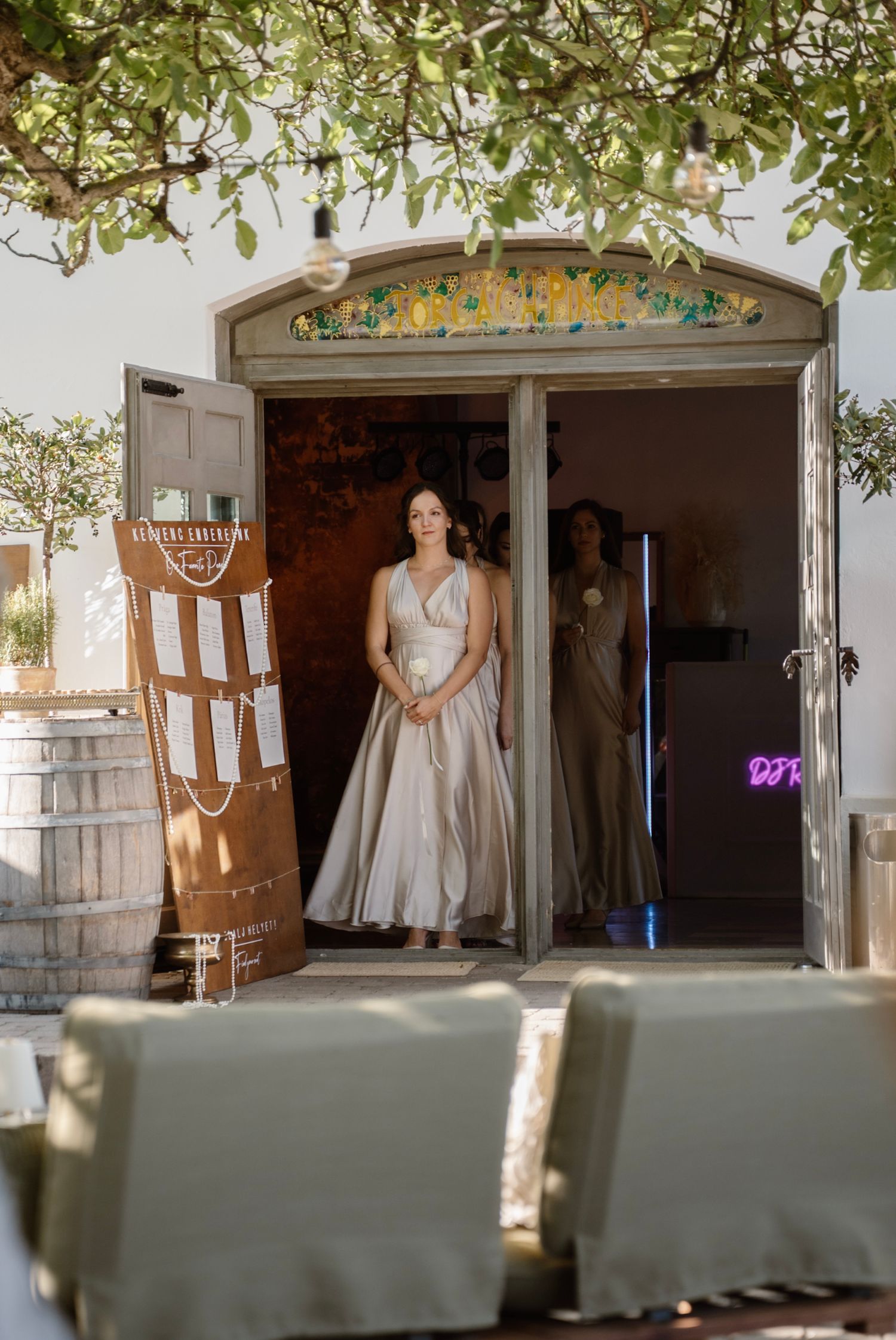 Bride in silver gown standing in doorway at rustic outdoor wedding venue.