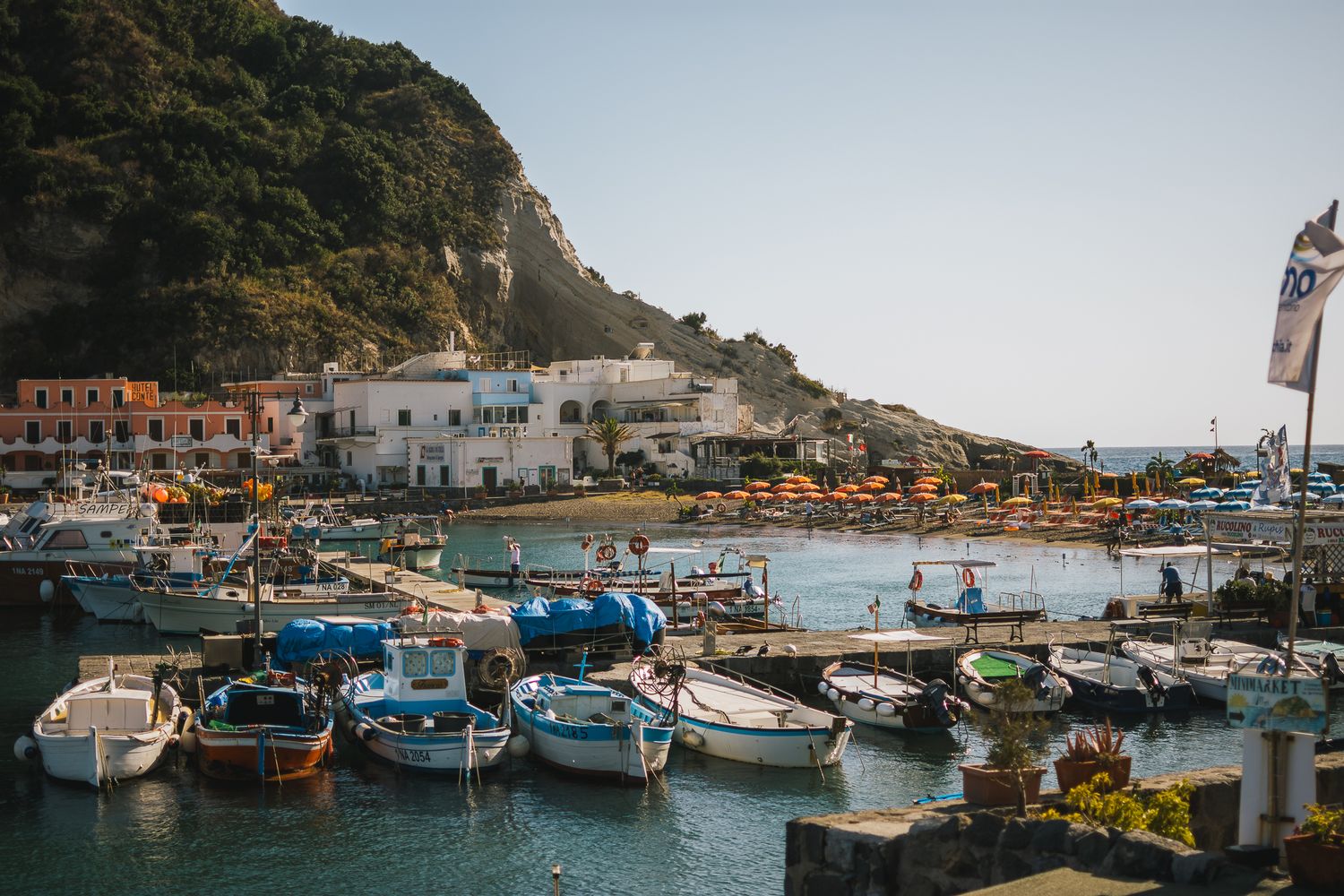 Panoramic view of a Mediterranean harbor filled with fishing boats and small vessels.