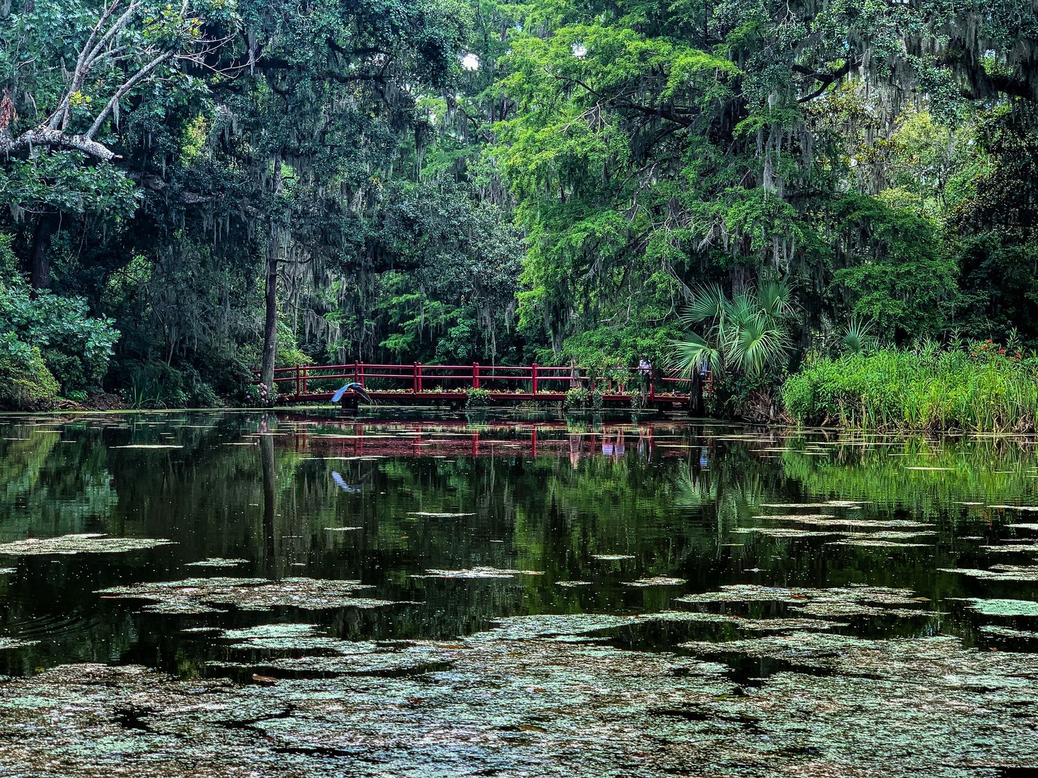 Red bridge over pond.
