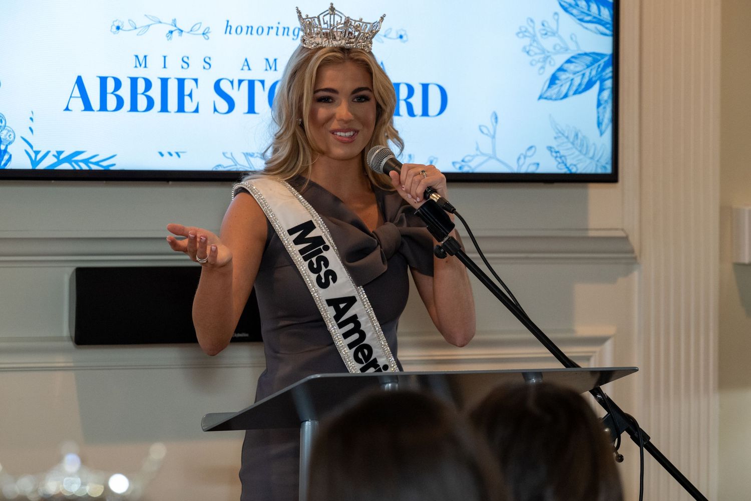 Miss America speaks at a luncheon event.