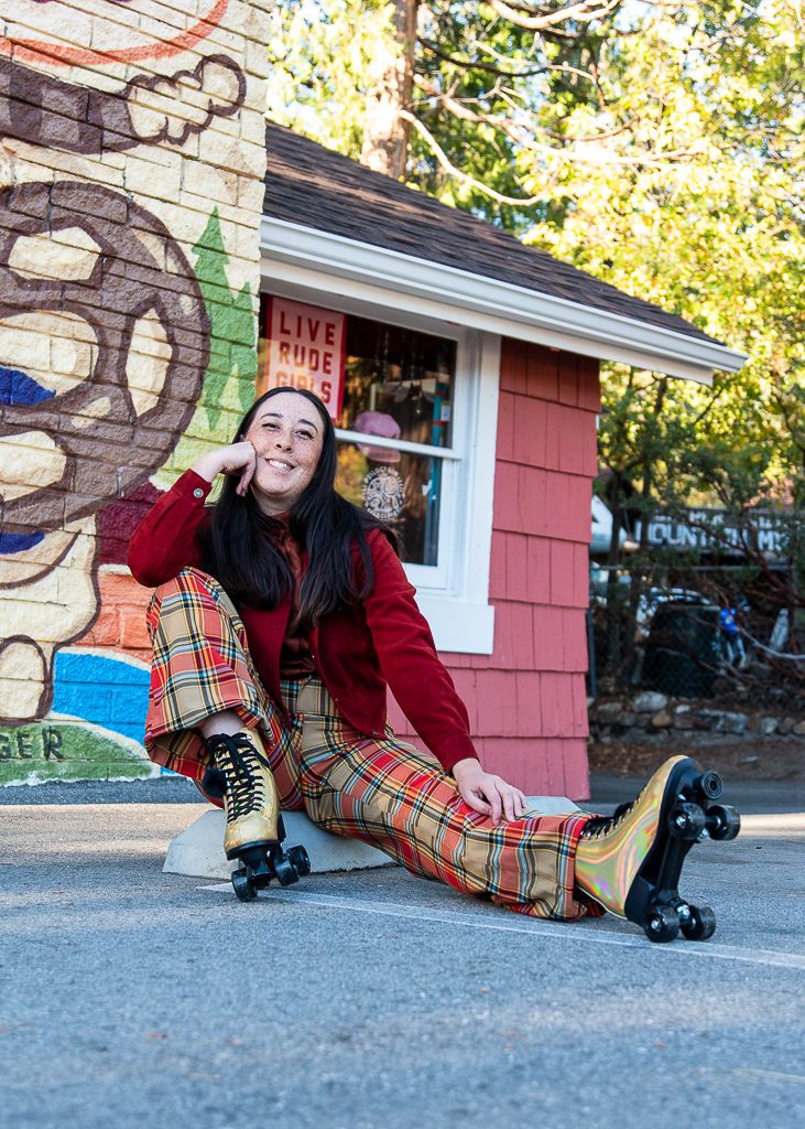 Model with Nicholas Danger mural at Wild Idy in Idyllwild, CA.