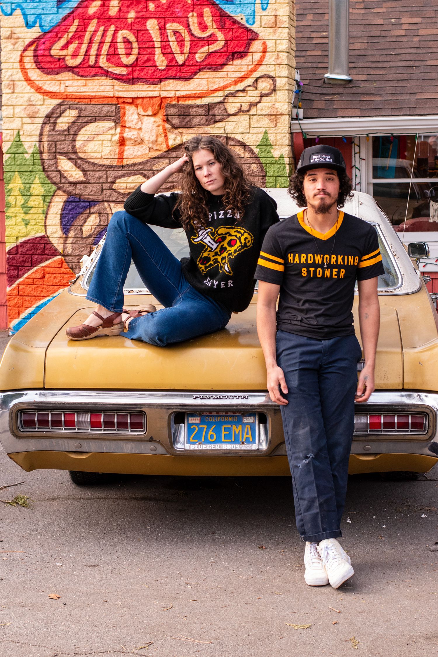 Models with Nicholas Danger mural at Wild Idy in Idyllwild, CA. Hard working stoner. By California Lifestyle Photographer.