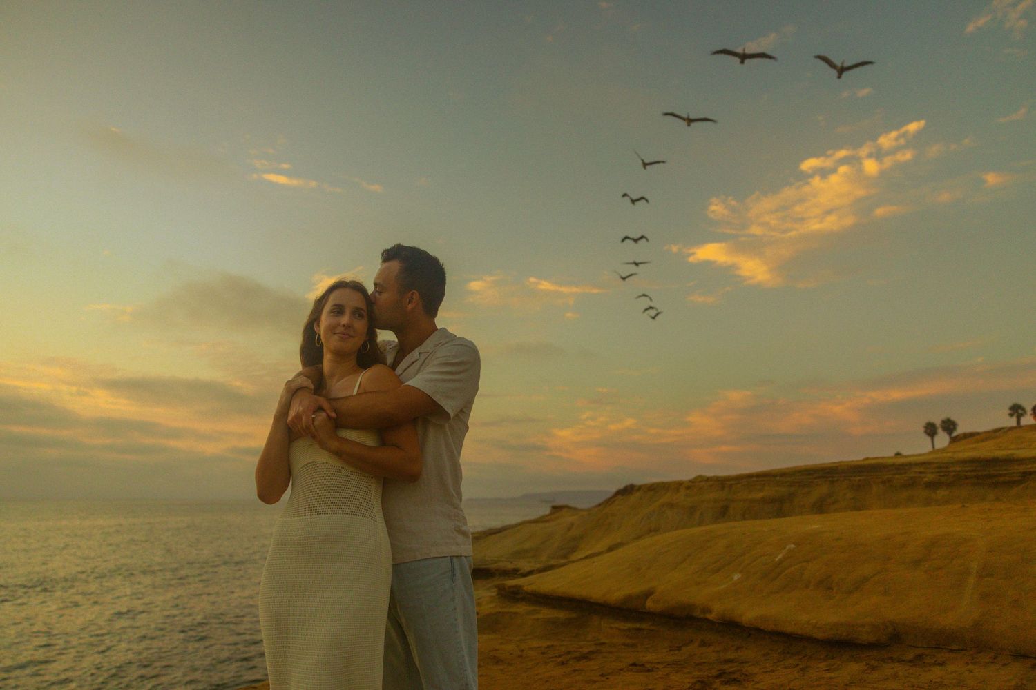 A romantic couple embraces on a beach at sunset with seabirds flying overhead and golden light illuminating the scene.