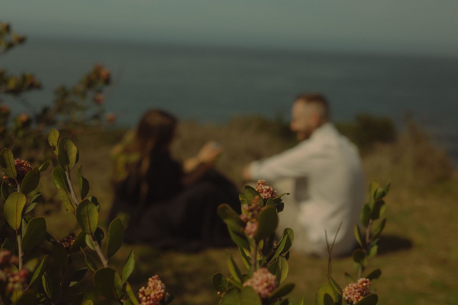 Soft focus shot of couple by ocean with flowers in foreground.