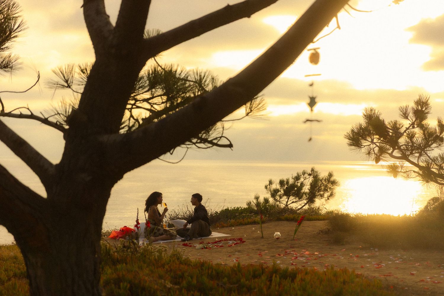 Two figures enjoy a romantic sunset picnic on a clifftop under a silhouetted tree.