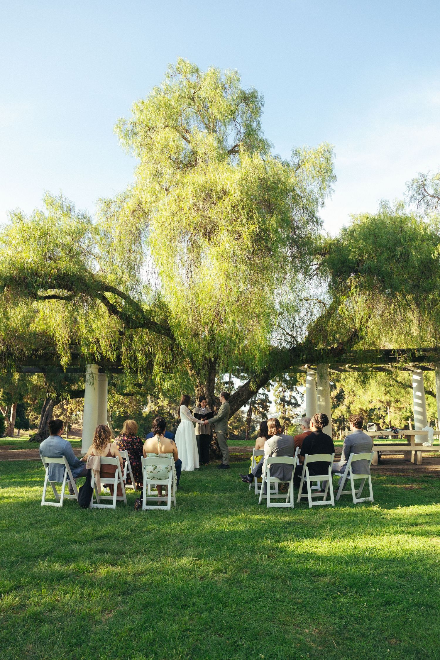 Small outdoor wedding ceremony under a large willow tree on green grass with white chairs and blue sky.