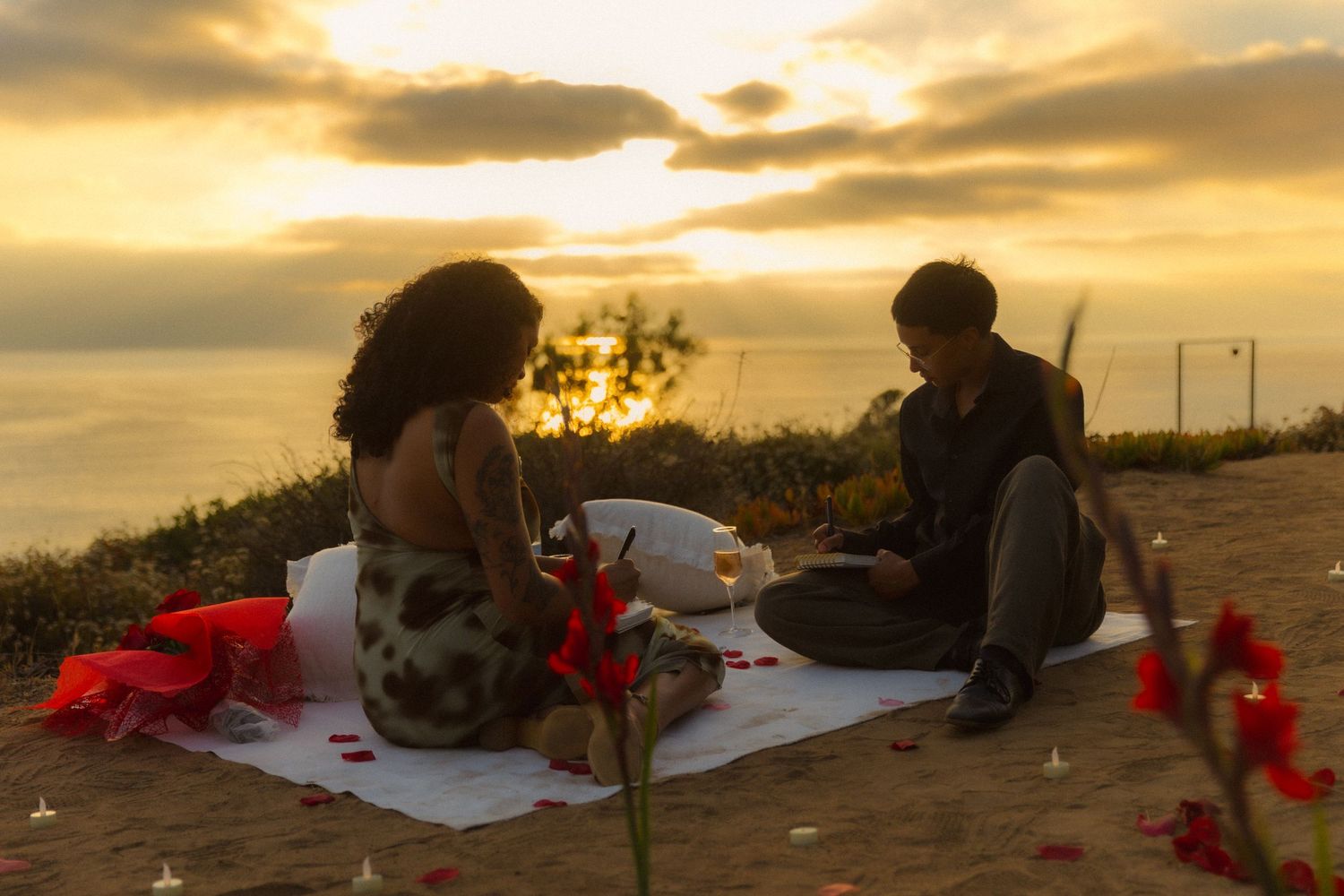 People sit on blankets having a sunset picnic on a hilltop with red flowers in the foreground.