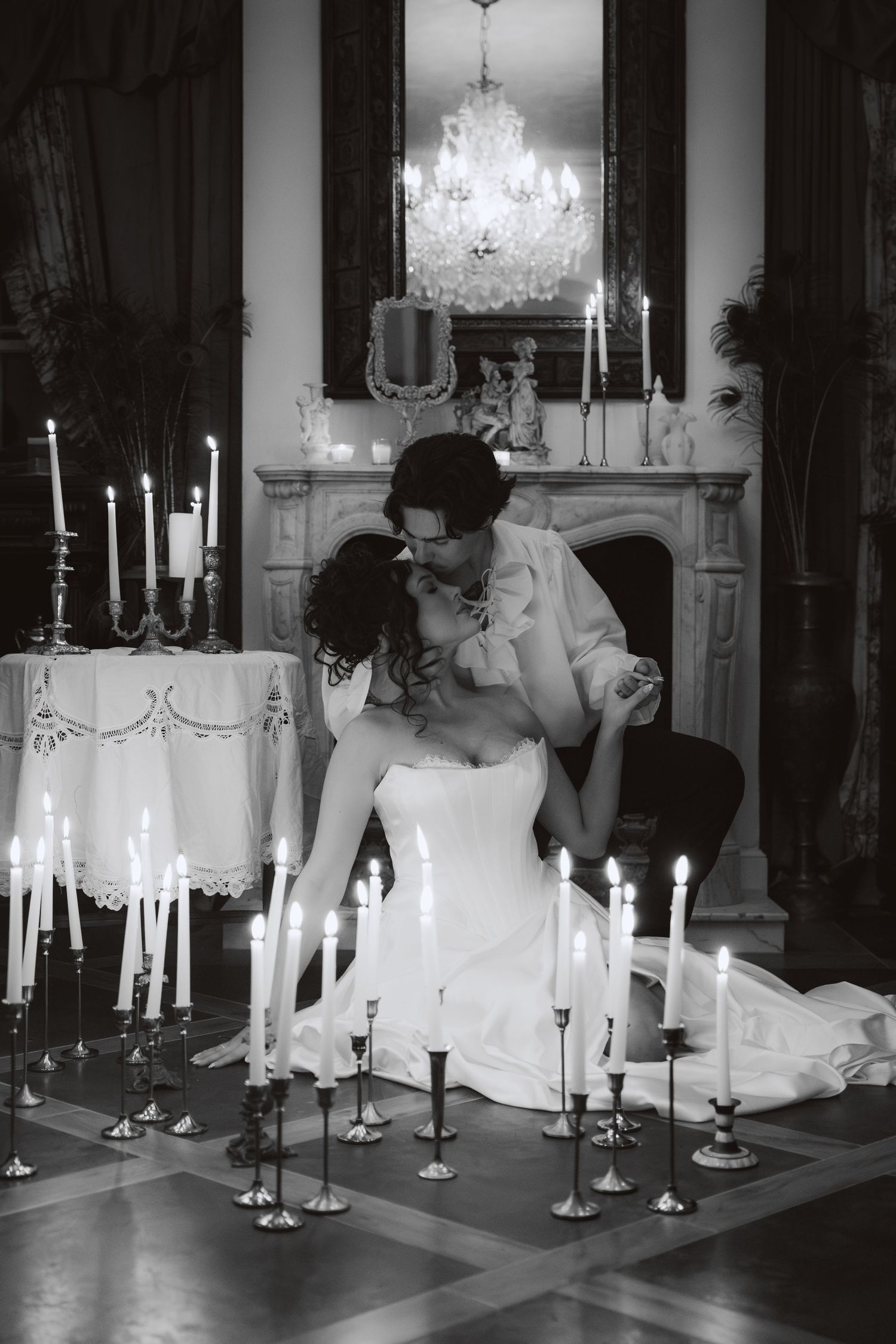 Black and white artistic photo sequence showing candlelit interior scene with dramatic lighting and movement.
