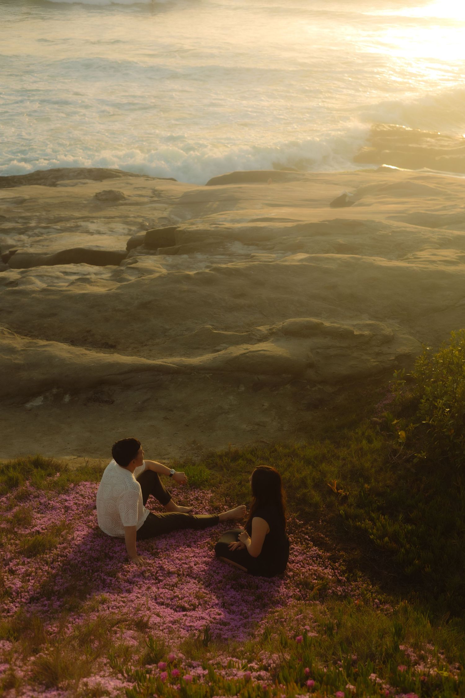 Two people sit on a hillside covered in pink wildflowers at sunset overlooking a dramatic mountain landscape.