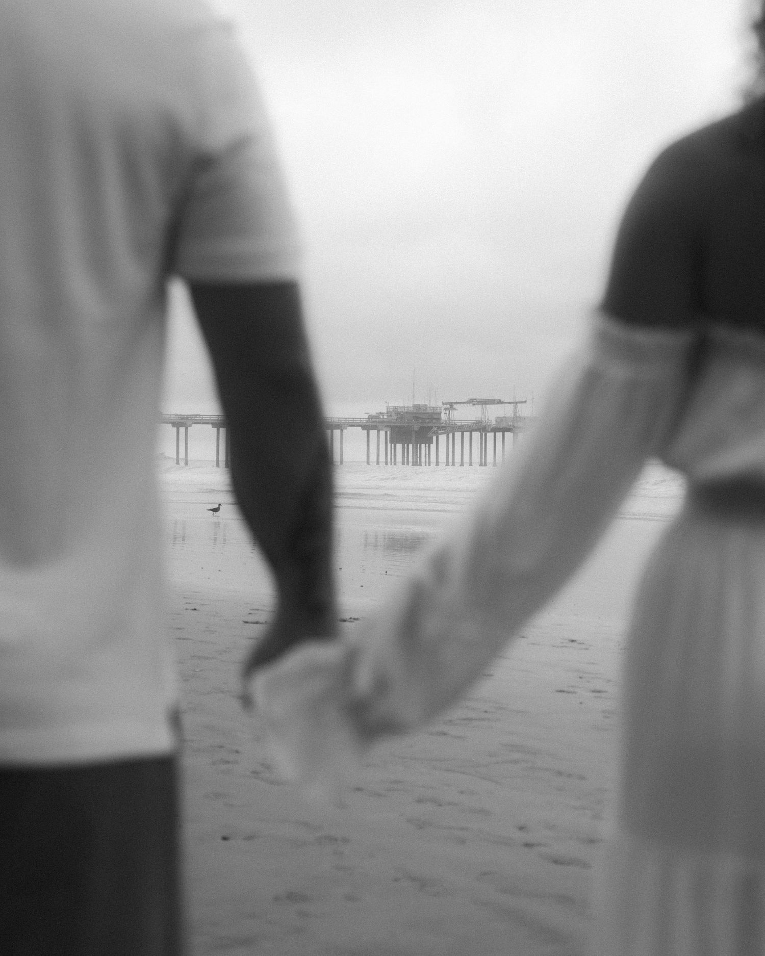 A series of black and white photos showing people holding hands while walking along a misty beach.
