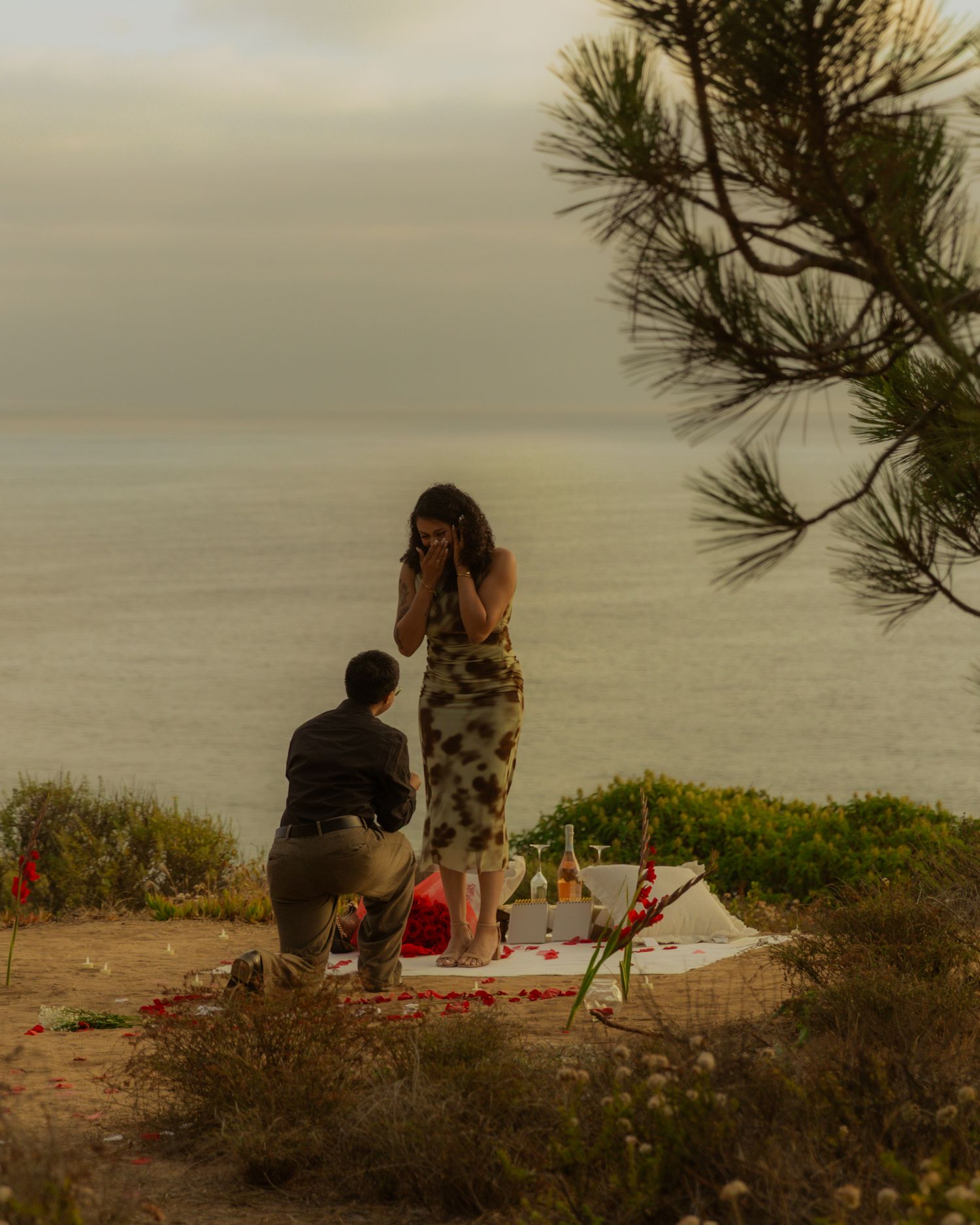 A couple shares an intimate proposal moment on a scenic coastal cliff during sunset with a romantic picnic setup.