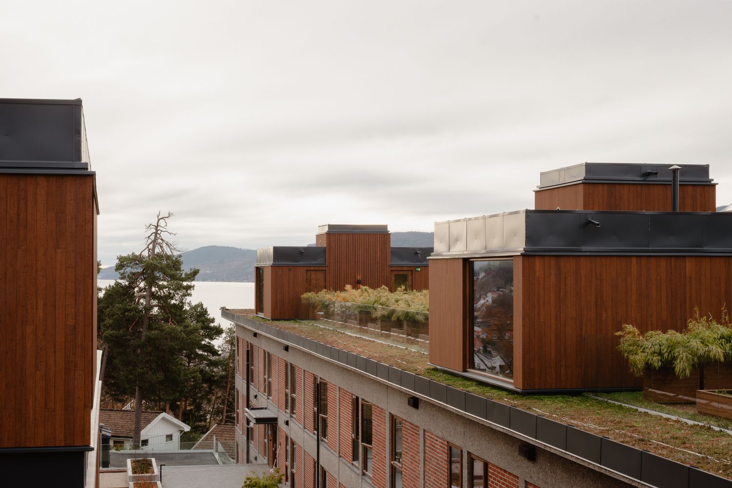 Modern wooden apartment buildings with geometric architecture against cloudy sky.