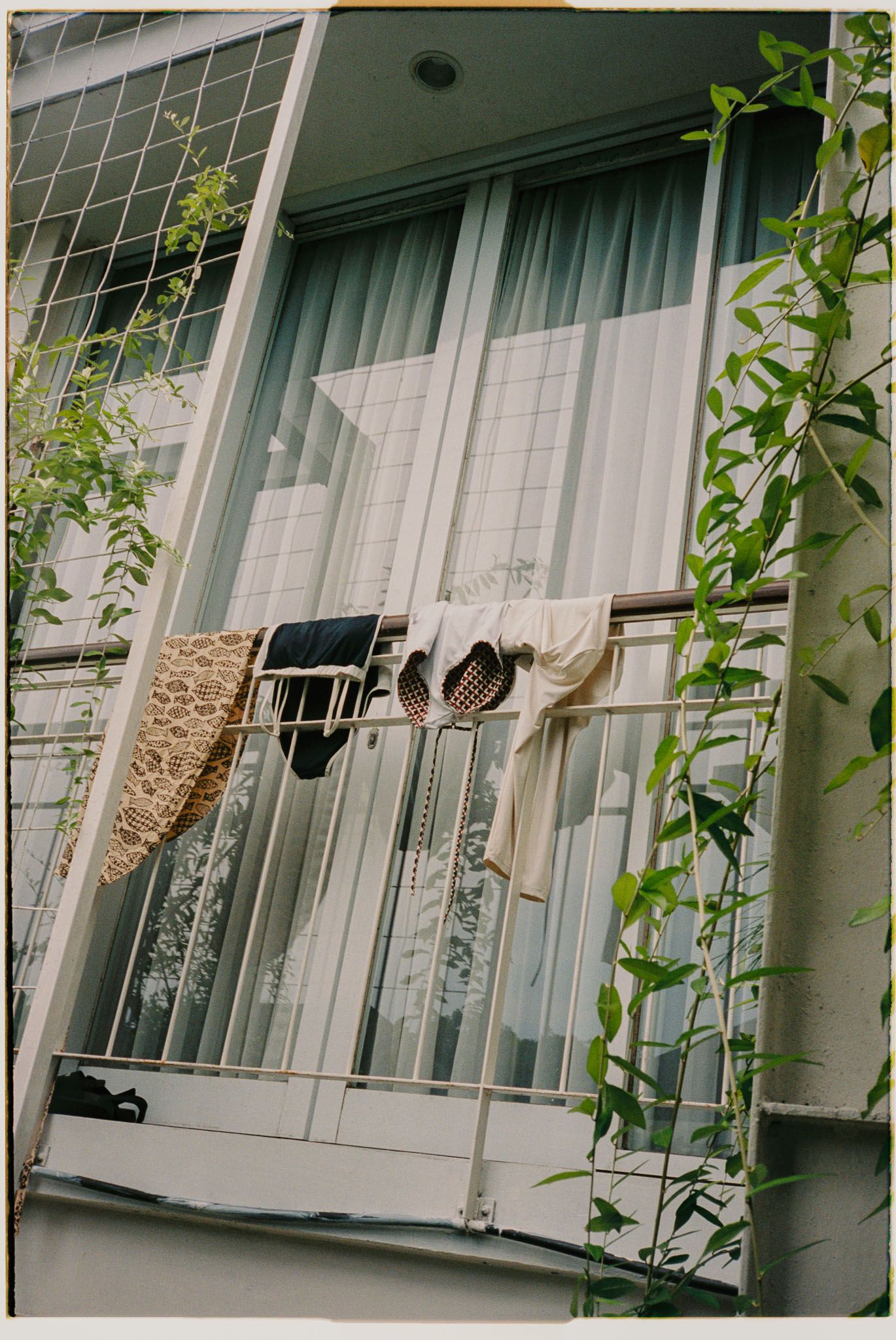 Swimsuits hang outside a window with green vines growing along the white building exterior at Rimbun Canggu in Bali.