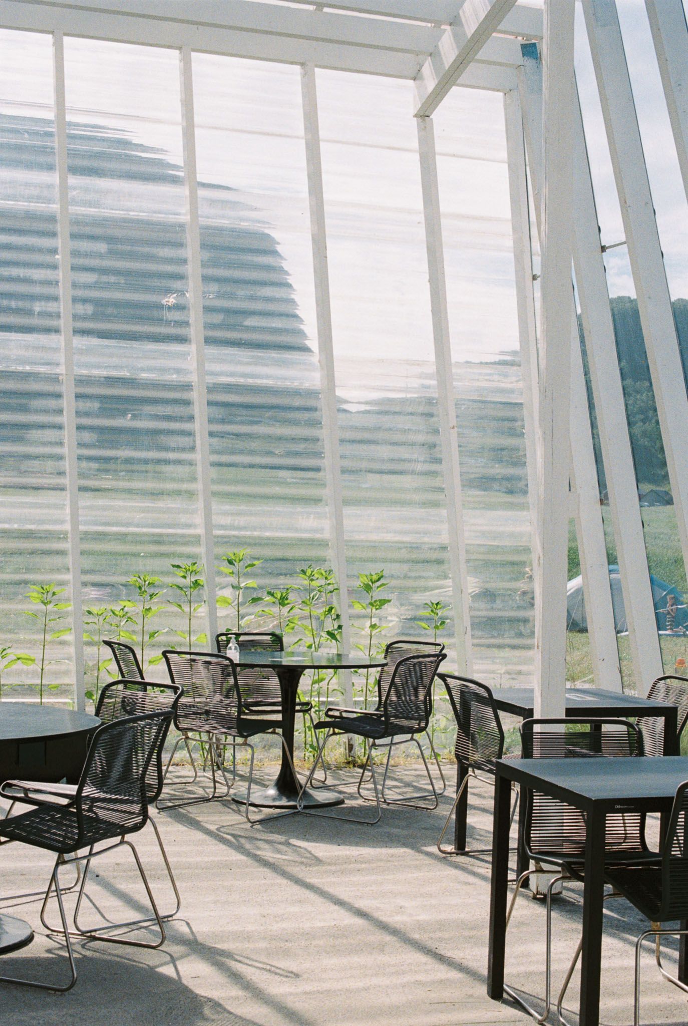 Modern office space with black mesh chairs and tables arranged in rows under slanted glass windows casting dramatic shadows.