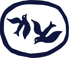 Dark navy illustration of two birds in flight enclosed in an oval shape, minimalist folk art style logo design.