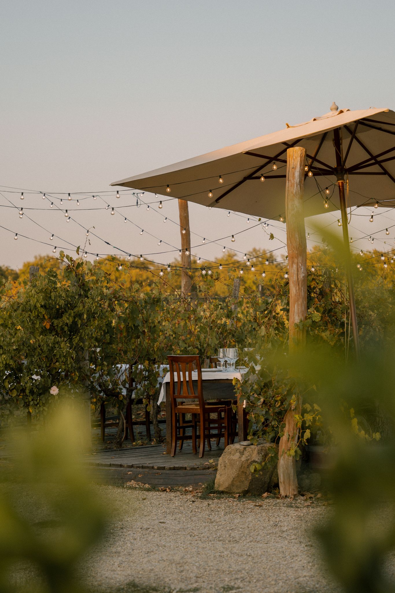 String lights illuminate a rustic outdoor dining area with wooden posts and umbrellas at sunset. Located in Toscana.