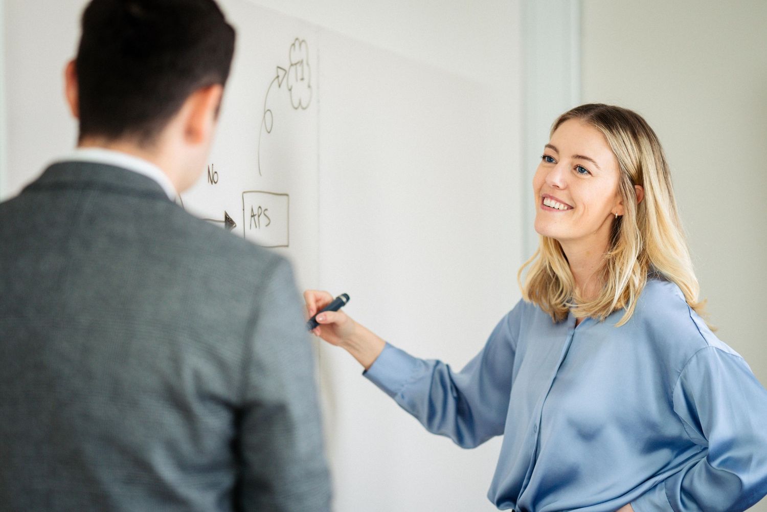 Two colleagues collaborate at a whiteboard during a business meeting, with one person writing while smiling.