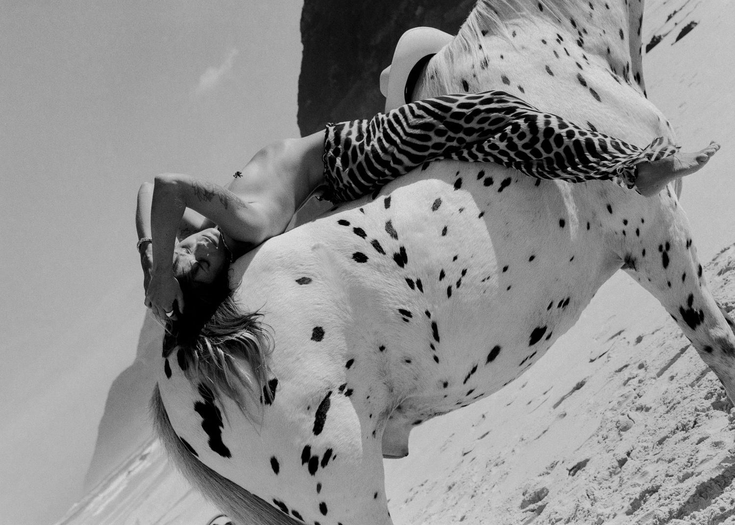 Black and white photo of a person lying on a spotted horse outdoors.