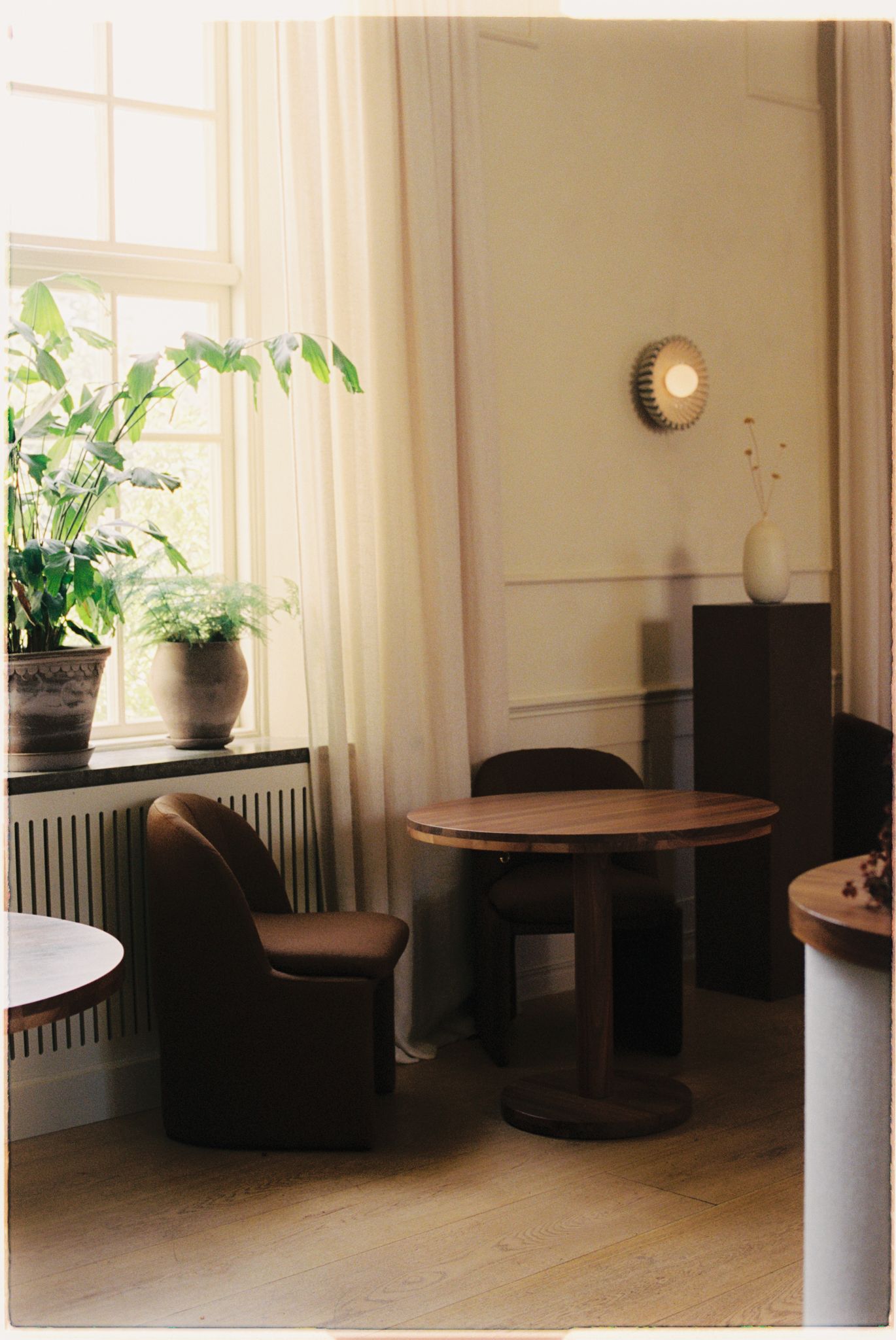 Cozy interior with round wooden table, brown armchair, potted plants by window, sheer curtains, and wall sconce light.
